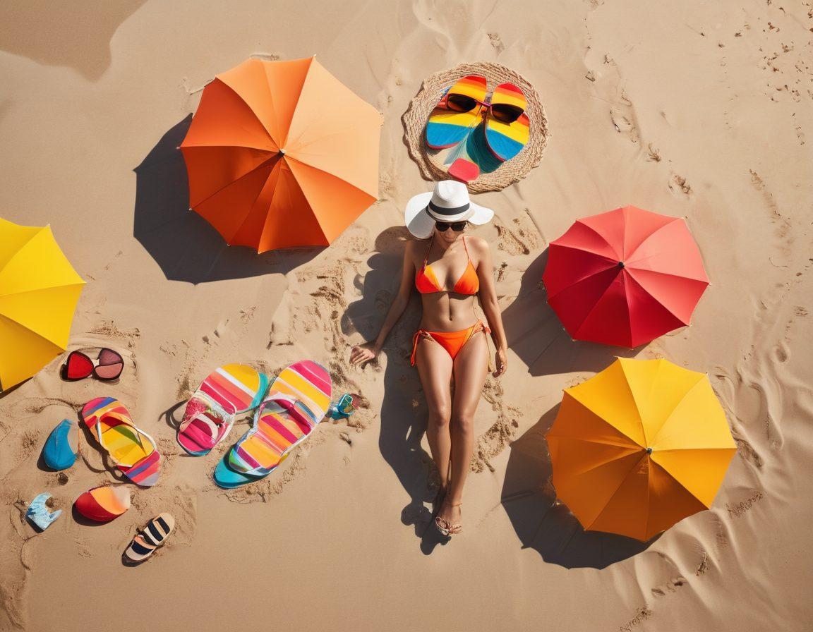 A vibrant beach scene showcasing an array of stylish bikinis on colorful beach umbrellas, playful waves in the background, and sun-kissed sand beneath. Include playful beach accessories like sunglasses, beach hats, and flip-flops scattered around. Capture the essence of summer with bright colors, warm sunlight, and a joyful atmosphere. super-realistic. vibrant colors. beach setting.