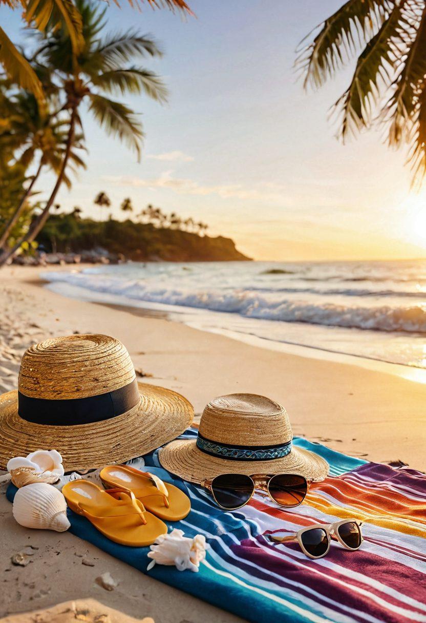 A picturesque beach scene showcasing a stylish beachwear setup, featuring an elegant sun hat, trendy sunglasses, a chic swimsuit, and colorful beach towels laid out on the sand. In the background, gentle waves lapping against the shore and palm trees swaying in the breeze, with a sunset casting warm hues across the sky. Include seashells and beach toys artfully arranged to add a playful touch. vibrant colors. super-realistic. soft focus.