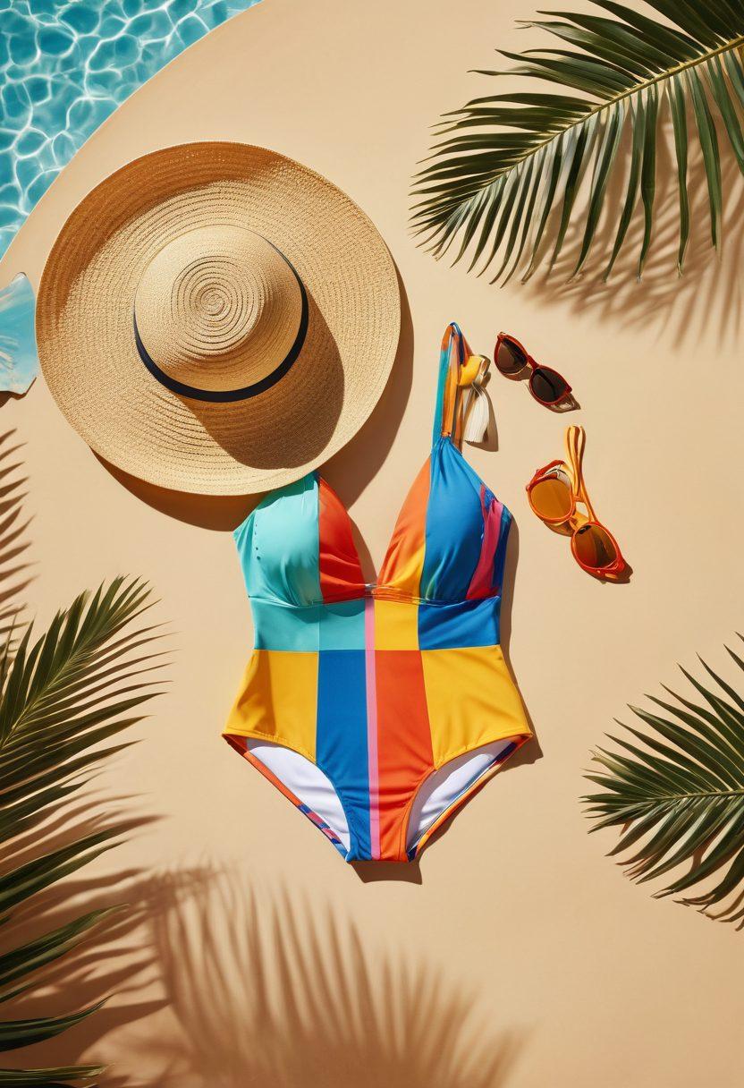 A stylish summer swim wardrobe display featuring a blend of vintage and trendy swimsuits hanging on a colorful beach backdrop. Include accessories like wide-brimmed hats, sunglasses, and a retro beach ball for added flair. Soft sunlight filtering through palm leaves casts playful shadows. Vibrant colors and a relaxed, summery vibe enhance the scene. super-realistic. vibrant colors. beach setting.